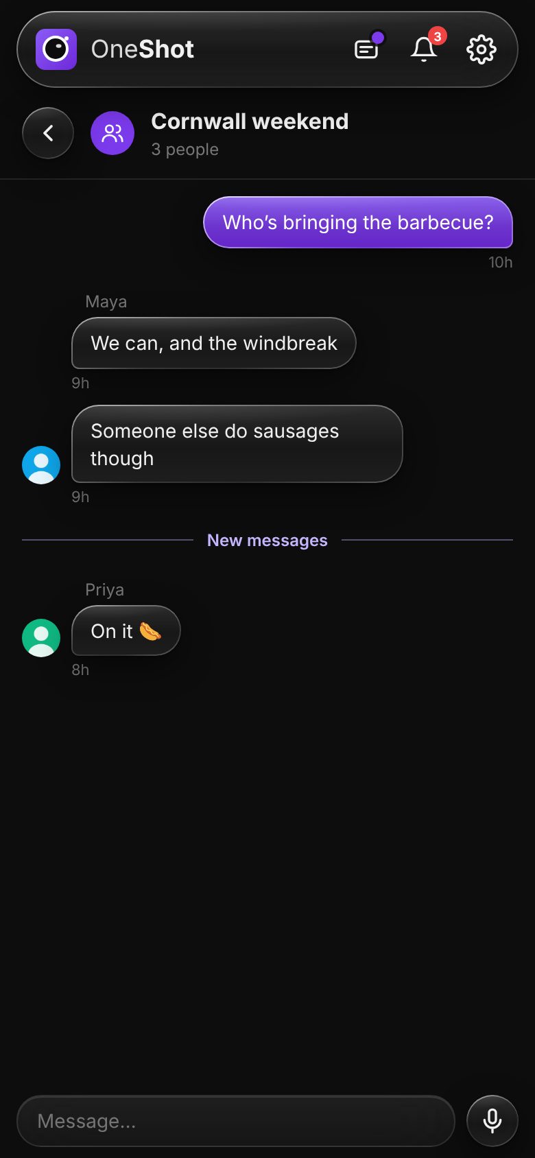 A group chat about a weekend away