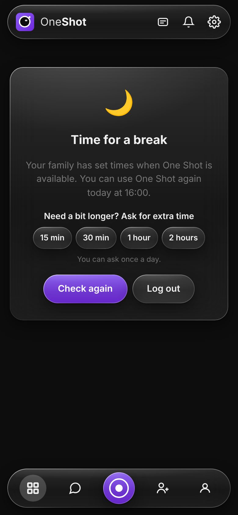 The break screen, with buttons to ask for extra time