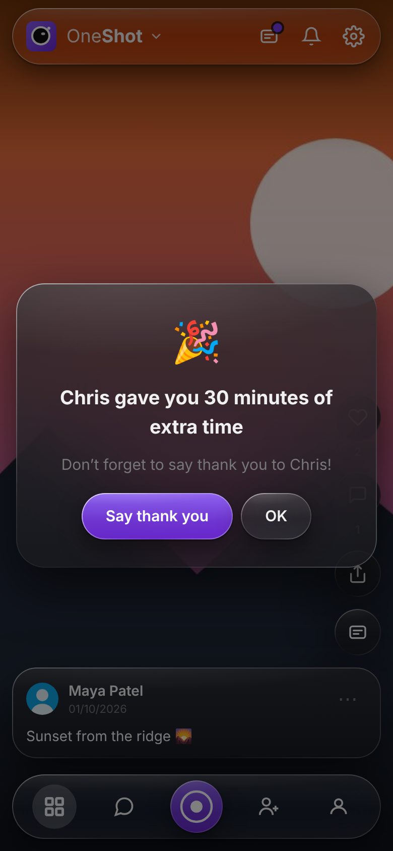 A message telling a child who gave them extra time