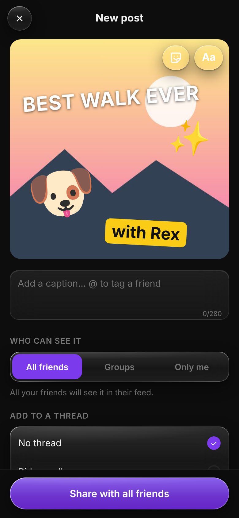 Adding text and stickers to a photo on the post page