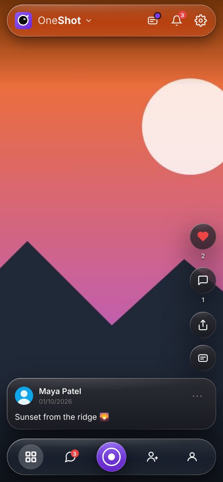 The One Shot feed: one photo per screen, with likes and comments