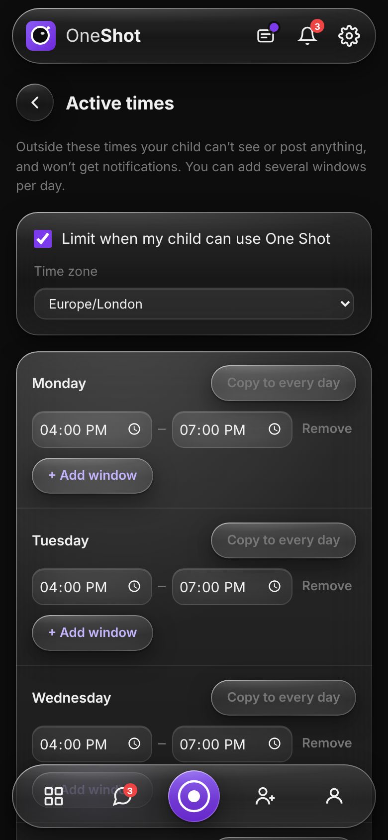 Active times with windows each weekday