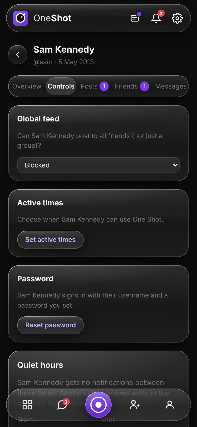 A child's Controls tab