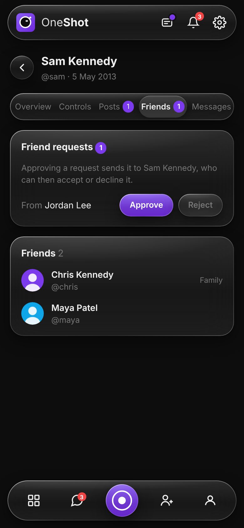 A friend request waiting for a parent's approval