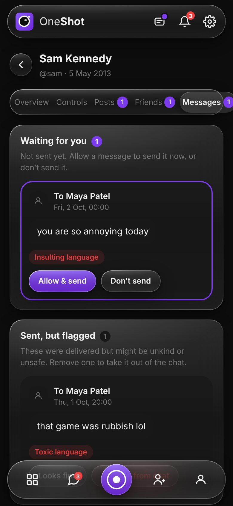 A held message waiting for a parent, with Allow and Don't send